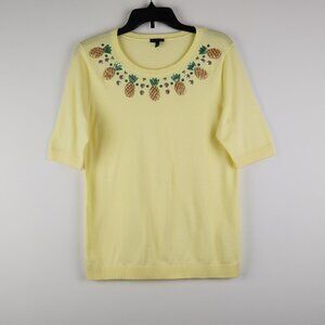 Talbots Size M Yellow Pineapple Embellished Neckline Stretch Pullover Knit Top